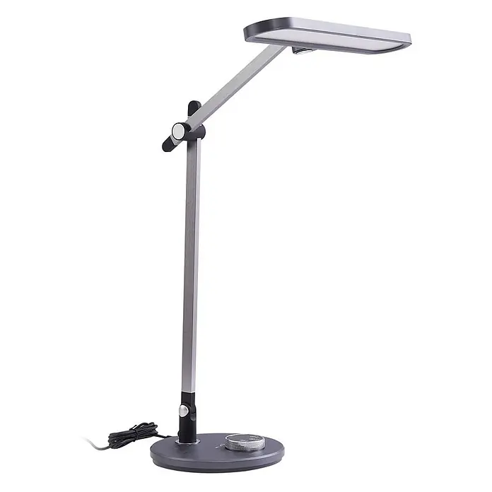 Lindby Tischleuchte Elvir - L x B x H: 57,5 x 19,9 x 53 cm, alu / grau / zink, alu / grau / zink - Verstellbare silberne LED-Schreibtischlampe mit rechteckigem Kopf und rundem Sockel mit Bedienelementen.