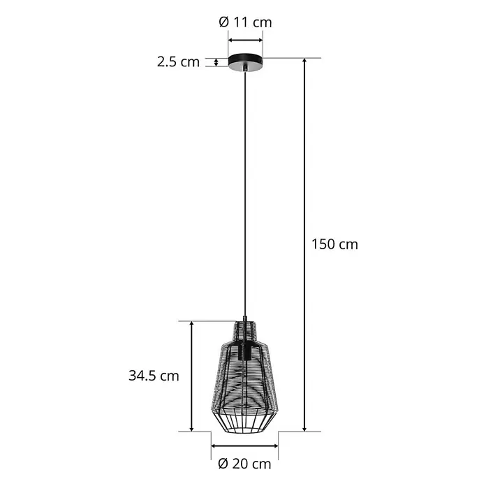 Lucande Pendelleuchte Tinko - L x B x H: 20 x 20 x 34,5 cm, schwarz, Schwarz, E27 - Schwarze Pendelleuchte aus Drahtgeflecht mit runder Deckenrosette und langem Kabel. Gesamtlänge 150 cm, Schirm Ø 20 cm.