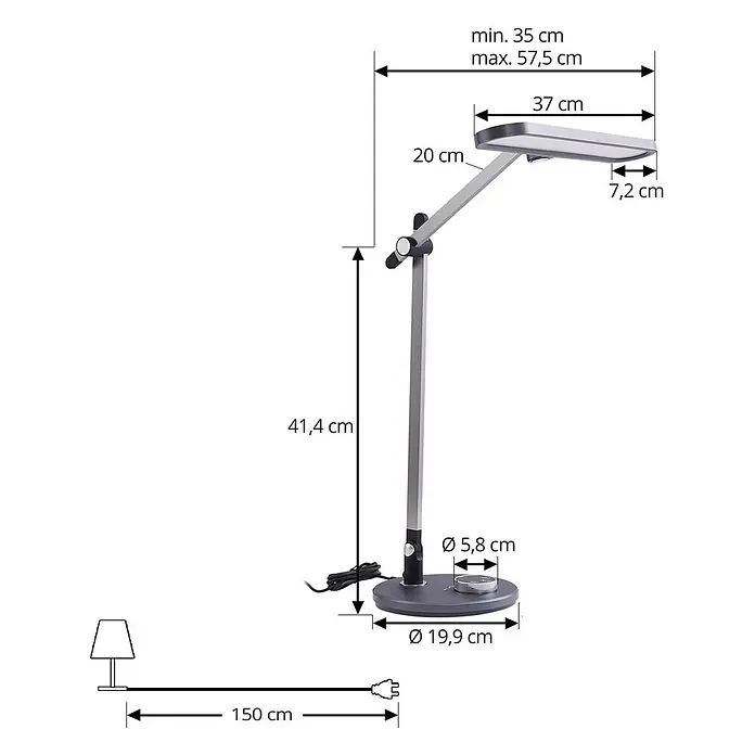Lindby Tischleuchte Elvir - L x B x H: 57,5 x 19,9 x 53 cm, alu / grau / zink, alu / grau / zink - Verstellbare graue LED-Schreibtischlampe mit rundem Fuß und Gelenkarm.