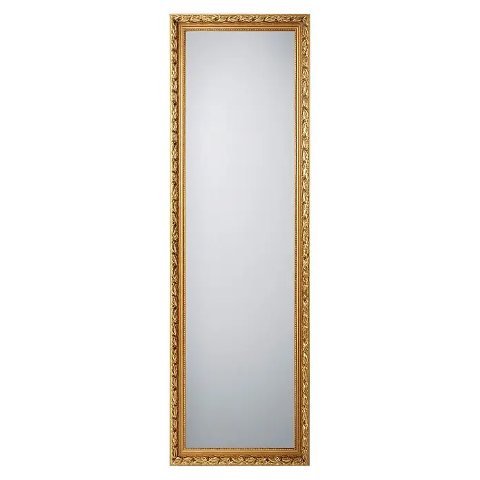 Rahmenspiegel Sonja - 50 x 150 cm, Gold, Holz - Hoher, reich verzierter Spiegel mit dekorativem Goldrahmen und Blattmuster.