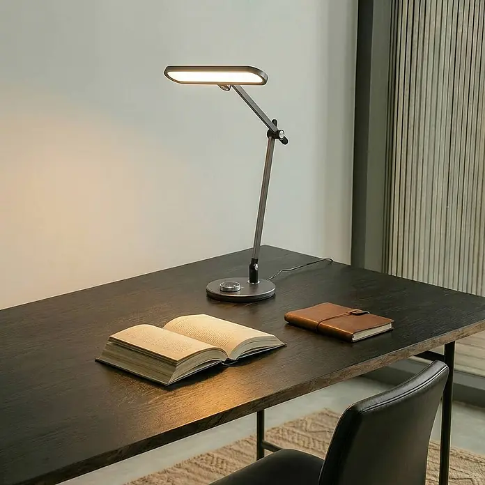 Lindby Tischleuchte Elvir - L x B x H: 57,5 x 19,9 x 53 cm, alu / grau / zink, alu / grau / zink - Eine moderne, dunkelgraue Schreibtischlampe beleuchtet ein offenes Buch auf einem dunklen Holztisch neben einem Ledernotizbuch.