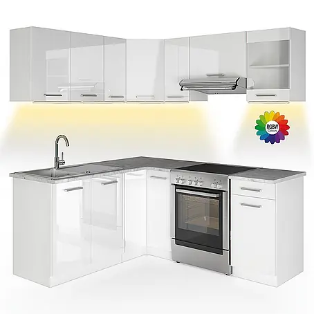 Vicco  Eckküche Rick Weiß Hochglanz/Weiß, AP Marmor mit LED-Leisten