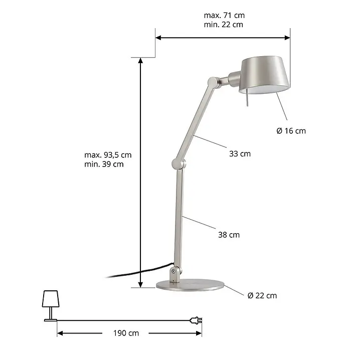 Lucande Tischleuchte Silka - alu / grau / zink, alu / grau / zink, E27 - Verstellbare Schreibtischlampe in gebürstetem Metall mit ausziehbaren Armen, Maße sind angegeben.