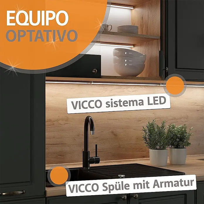 Vicco Küchenleerblock R-Line Goldkraft Eiche/Anthrazit ohne Arbeitsplatte - Breite: 180 cm, Goldkraft Eiche - VICCO LED-Beleuchtung unter Küchenschränken und schwarze Spüle mit Armatur in Holzküche.