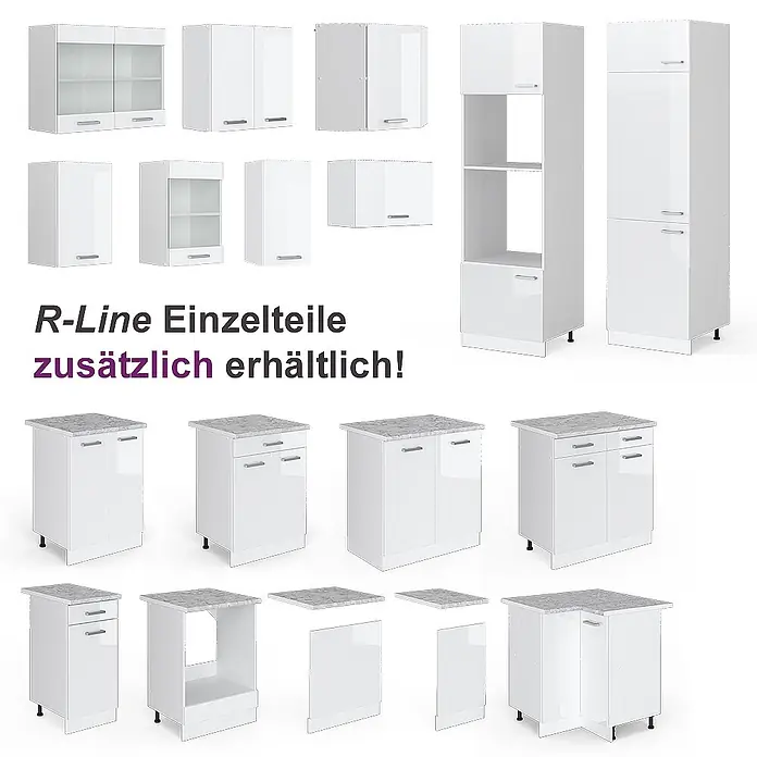 Vicco Eckküche Rick Weiß Hochglanz/Weiß, AP Marmor mit LED-Leisten - B x T: 187 x 60 cm, Weiß Hochglanz, Ohne Elektrogeräte - Modulare weiße Küchenschränke: Ober-, Unter- und Hochschränke mit silbernen Griffen und Marmor-Arbeitsplatten.