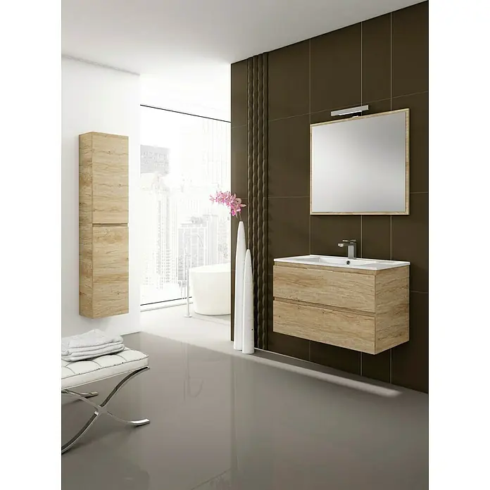 Camargue Mueble bajo de lavabo Módena 2C - L x An x Al: 45 x 80 x 50 cm, Nebraska natural - Baño moderno con mueble de lavabo con aspecto de madera, espejo y lavabo sobre encimera blanco.