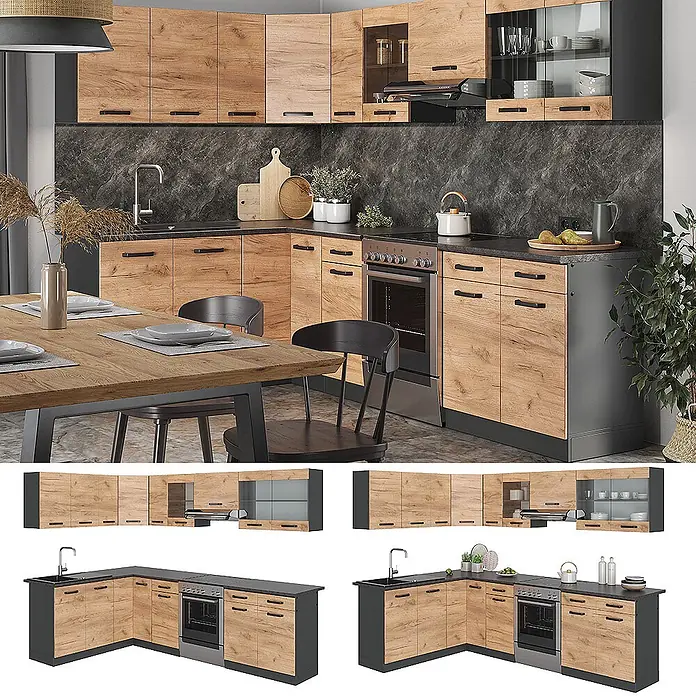 Vicco Eckküche Rick Goldkraft Eiche/Anthrazit, AP Schwarz mit LED-Leisten - Goldkraft Eiche, Ohne Elektrogeräte - Moderne modulare Küche mit Holzoptik-Fronten und dunkelgrauen Schränken/Arbeitsplatten.