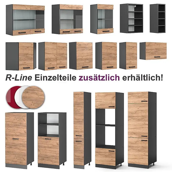 Vicco Eckküche Rick Goldkraft Eiche/Anthrazit, AP Schwarz mit LED-Leisten - Goldkraft Eiche, Ohne Elektrogeräte - Modulare Küchenschränke und Stauraummöbel in Dunkelgrau mit hellen Holzfronten, teils mit Glastüren, für vielfältige Aufbewahrungslösungen.