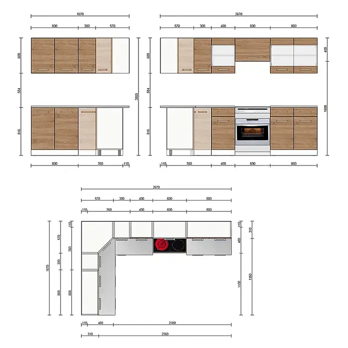 Vicco Eckküche Rick Goldkraft Eiche/Anthrazit, AP Schwarz mit LED-Leisten - Goldkraft Eiche, Ohne Elektrogeräte - Modulare Küchenschrank-Layouts in hellem Holz und Weiß, mit integriertem Backofen und Kochfeld, detailliert mit Maßen in mehreren Konfigurationen dargestellt.