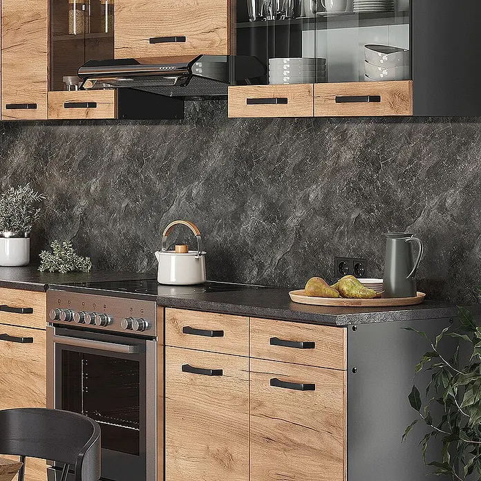 Vicco Eckküche Rick Goldkraft Eiche/Anthrazit, AP Schwarz mit LED-Leisten - Goldkraft Eiche, Ohne Elektrogeräte - Moderne Küche mit hellen Holzschränken, dunklen Arbeitsplatten und integriertem Backofen.