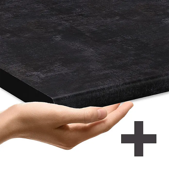 Vicco Schrankküche R-Line Goldkraft Eiche AP Anthrazit - Goldkraft Eiche, Apothekerunterschrank 30 cm, AP Anthrazit - Schwarze, strukturierte Platte, von Hand gehalten, zeigt Dicke und Oberfläche.
