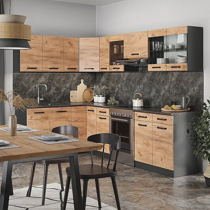 Vicco Eckküche Rick Goldkraft Eiche/Anthrazit, AP Schwarz mit LED-Leisten - Goldkraft Eiche, Ohne Elektrogeräte - Moderne Küche mit hellen Holz- und dunkelgrauen Schränken, dunklen Arbeitsplatten und Geräten.