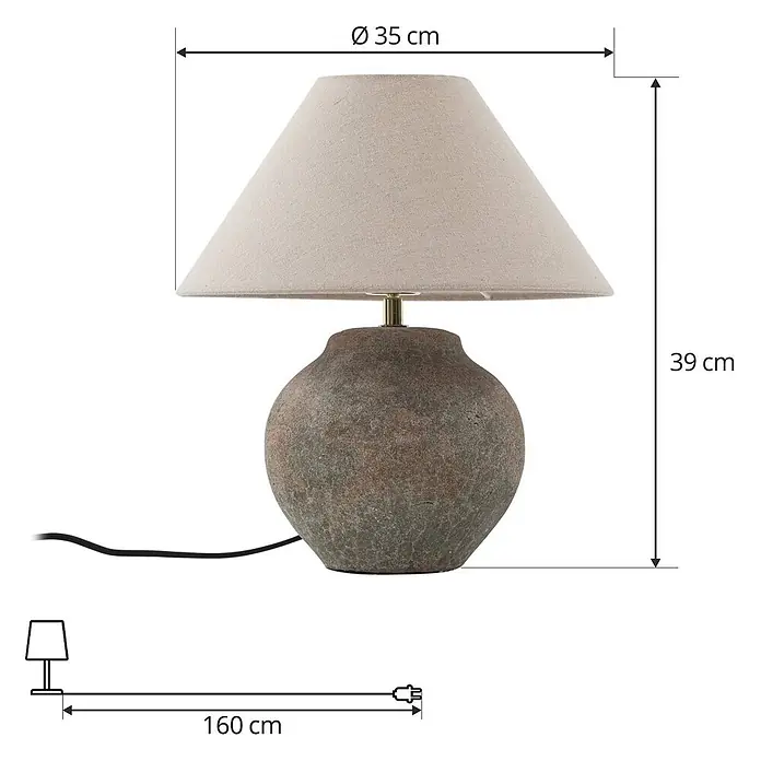 Lucande Tischleuchte Thalorin - braun / rost, E27 - Rustikale Tischlampe mit strukturierter, erdiger Basis und beigem Stoffschirm. Maße: H 39 cm, Ø 35 cm, Kabel 160 cm.