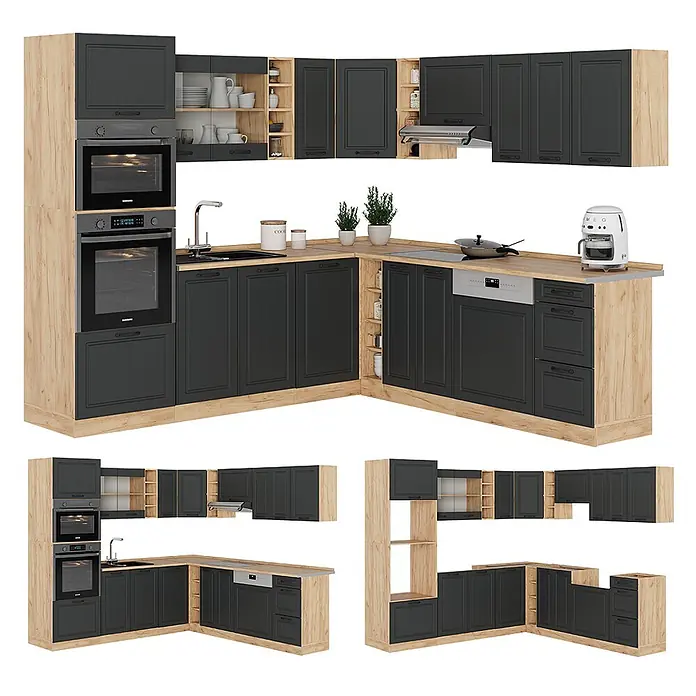 Vicco Eckküche R-Line Anthrazit Landhaus/Goldkraft Eiche, AP Anthrazit - B x T: 247 x 60 cm, Anthrazit Landhaus, Ohne Elektrogeräte - U-förmige Küche mit dunkelgrauen Schränken, hellen Holz-Arbeitsplatten, Einbaubacköfen, Spüle, Geschirrspüler und Kochfeld.