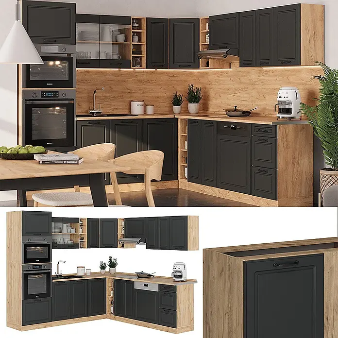 Vicco Eckküche R-Line Anthrazit Landhaus/Goldkraft Eiche, AP Anthrazit - B x T: 247 x 60 cm, Anthrazit Landhaus, Ohne Elektrogeräte - Moderne Eckküche mit anthrazitfarbenen Schränken und hellen Holz-Arbeitsplatten, mit integrierten Geräten.