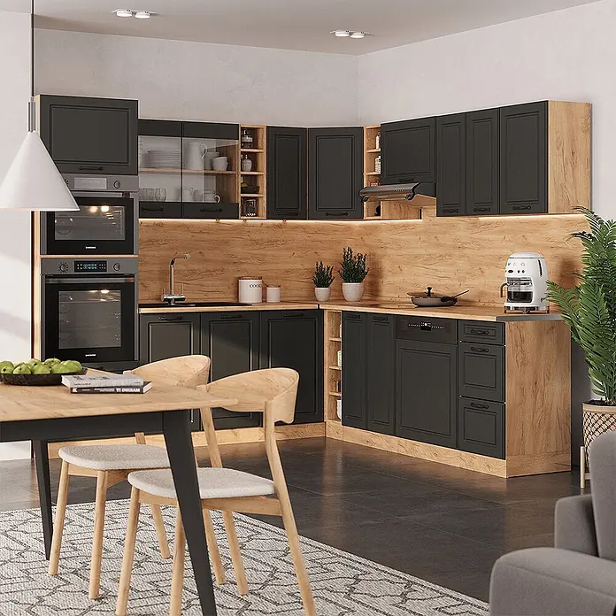 Vicco Eckküche R-Line Anthrazit Landhaus/Goldkraft Eiche, AP Anthrazit - B x T: 247 x 60 cm, Anthrazit Landhaus, Ohne Elektrogeräte - Moderne L-förmige Küche mit dunkelgrauen Schränken und hellen Holzpaneelen, komplett ausgestattet.