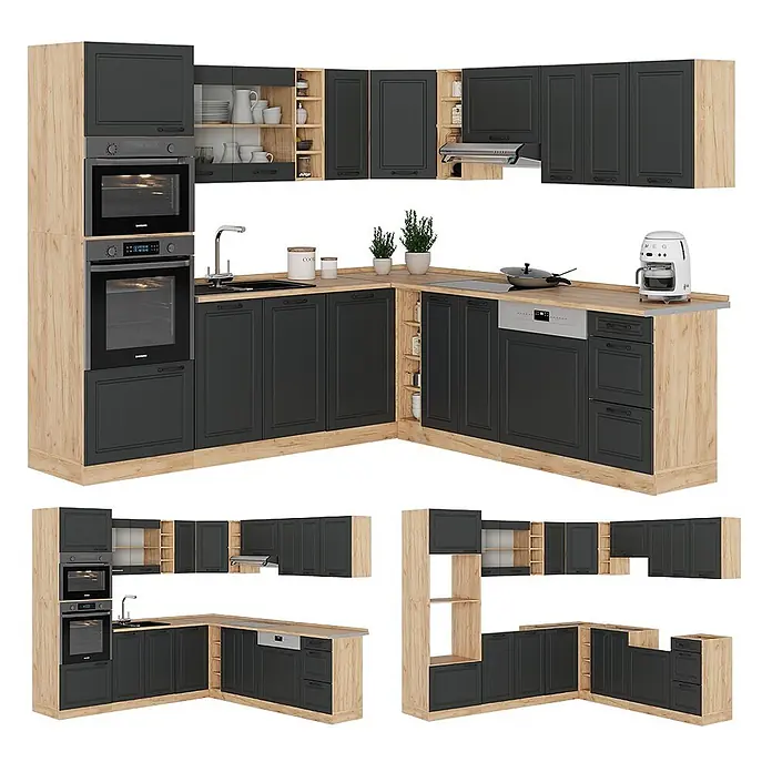 Vicco Eckküche R-Line Anthrazit Landhaus/Goldkraft Eiche, AP Eiche - B x T: 247 x 60 cm, Anthrazit Landhaus, Ohne Elektrogeräte - Modulare L-förmige Küche mit anthrazitfarbenen Schränken, hellem Holz und integrierten Geräten.