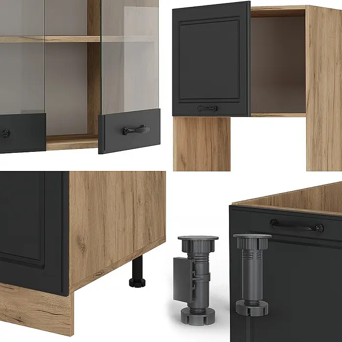 Vicco Eckküche R-Line Anthrazit Landhaus/Goldkraft Eiche, AP Anthrazit - B x T: 247 x 60 cm, Anthrazit Landhaus, Ohne Elektrogeräte - Modulare Küchenschränke in Holzoptik und Schwarz, mit Glastüren, Volltüren, Griffen und verstellbaren schwarzen Füßen.
