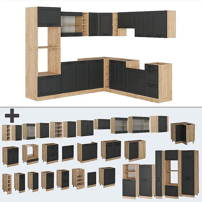 Vicco Eckküche R-Line Anthrazit Landhaus/Goldkraft Eiche, AP Anthrazit - B x T: 247 x 60 cm, Anthrazit Landhaus, Ohne Elektrogeräte - Modulare Küchenschränke in heller Holzoptik und Dunkelgrau, mit verschiedenen Konfigurationen und Einzelmodulen.