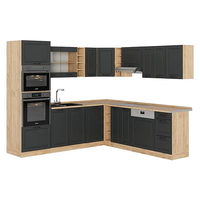 Vicco Eckküche R-Line Anthrazit Landhaus/Goldkraft Eiche, AP Eiche - B x T: 247 x 60 cm, Anthrazit Landhaus, Ohne Elektrogeräte - L-förmige Küche mit dunkelgrauen Fronten und hellen Holzdetails, inklusive integrierten Öfen, Spüle, Kochfeld, Geschirrspüler und Dunstabzugshaube.