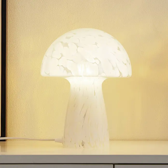 Lindby Tischleuchte Hubi - L x B x H: 22 x 22 x 28 cm, weiß / opal, weiß / opal, E27 - Beleuchtete pilzförmige Tischlampe aus weißem gesprenkelten Glas.