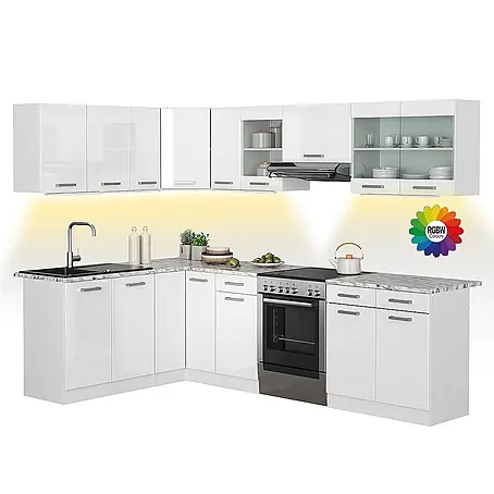 Vicco  Eckküche Rick Weiß Hochglanz/Weiß, AP Marmor mit LED-Leisten