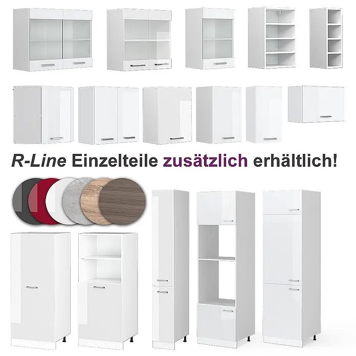 Vicco Eckküche Rick Weiß Hochglanz/Weiß, AP Marmor - B x T: 270 x 60 cm, Weiß Hochglanz, Ohne Elektrogeräte - R-Line Küchenschrank-Einzelteile: weiße Ober-, Unterschränke, Hochschränke, Regale und Farb-/Materialmuster.