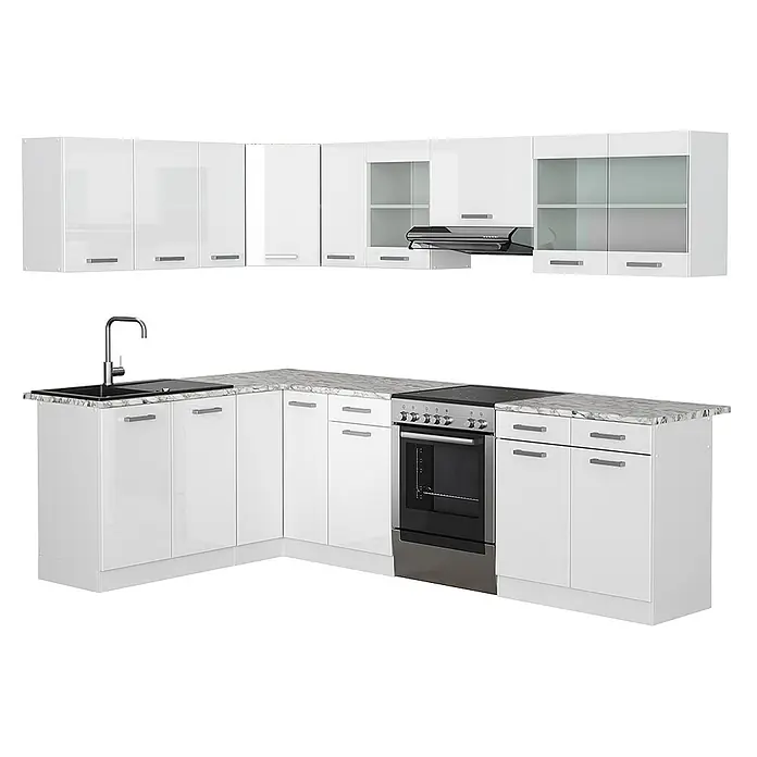 Vicco Eckküche Rick Weiß Hochglanz/Weiß, AP Marmor - B x T: 270 x 60 cm, Weiß Hochglanz, Ohne Elektrogeräte - Komplette weiße L-förmige Küche mit Hochglanzschränken, Marmor-Arbeitsplatte, integrierter Spüle und Edelstahlherd mit Kochfeld.
