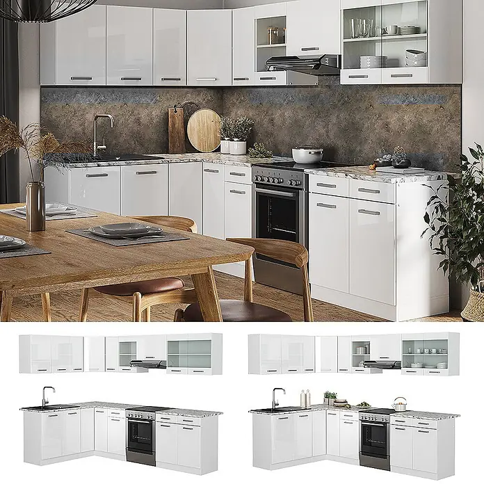 Vicco Eckküche Rick Weiß Hochglanz/Weiß, AP Marmor - B x T: 270 x 60 cm, Weiß Hochglanz, Ohne Elektrogeräte - Modernes, weiß glänzendes, modulares Küchenset mit Ober- und Unterschränken, Spüle und Herd, in einer Küche und als Einzelteile dargestellt.