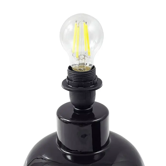 Lindby Tischleuchte Arved - L x B x H: 30 x 30 x 46 cm, schwarz, schwarz, E27 - Schwarze, glänzende Lampenfassung mit einer klaren LED-Filamentbirne.