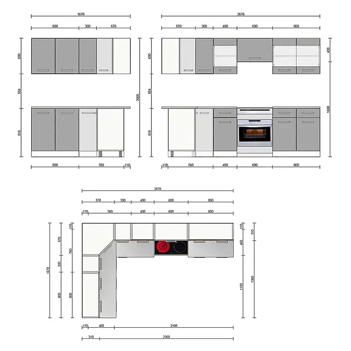 Vicco Eckküche Rick Weiß Hochglanz/Weiß, AP Marmor - B x T: 270 x 60 cm, Weiß Hochglanz, Ohne Elektrogeräte - Modulare Küchenschränke in Grau und Weiß, mit detaillierten Maßen für gerade und L-förmige Anordnungen, inklusive Geräten.
