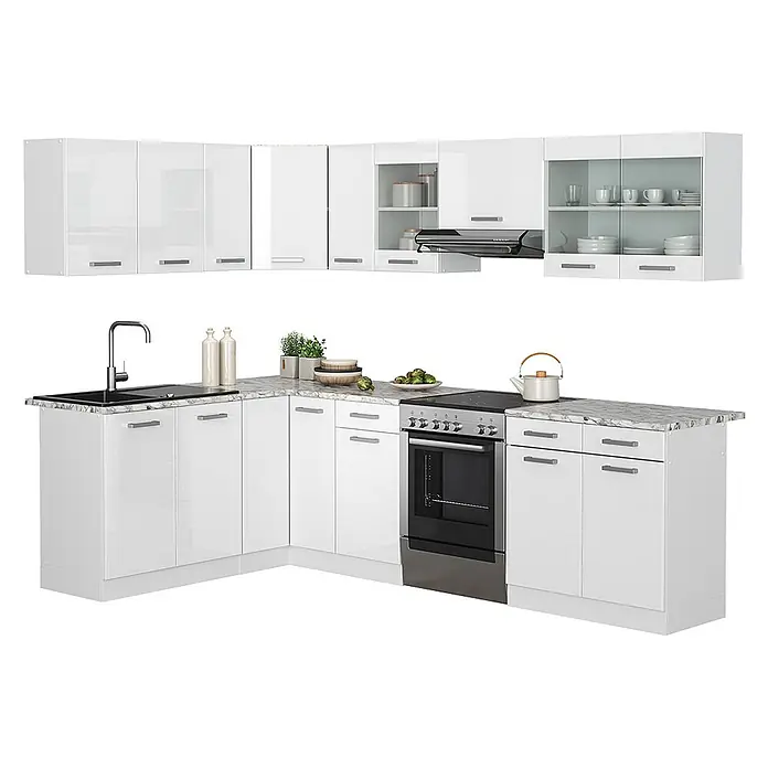 Vicco Eckküche Rick Weiß Hochglanz/Weiß, AP Marmor - B x T: 270 x 60 cm, Weiß Hochglanz, Ohne Elektrogeräte - Moderne L-förmige Küchenzeile mit hochglänzenden weißen Schränken und einer Arbeitsplatte in Marmoroptik, inklusive Spüle und Herd.