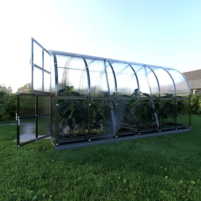 Klasika Greenhouses Gewächshaus Arch Klasika - Außenmaß inkl. Dachüberstand (B x T): 300 x 400 cm, Material Seitenwand: Kunststoff, 4 mm, Silbergrau - Tunneltreibhaus mit transparenten Wellplatten und dunklem Rahmen, Tür offen, mit Pflanzen.