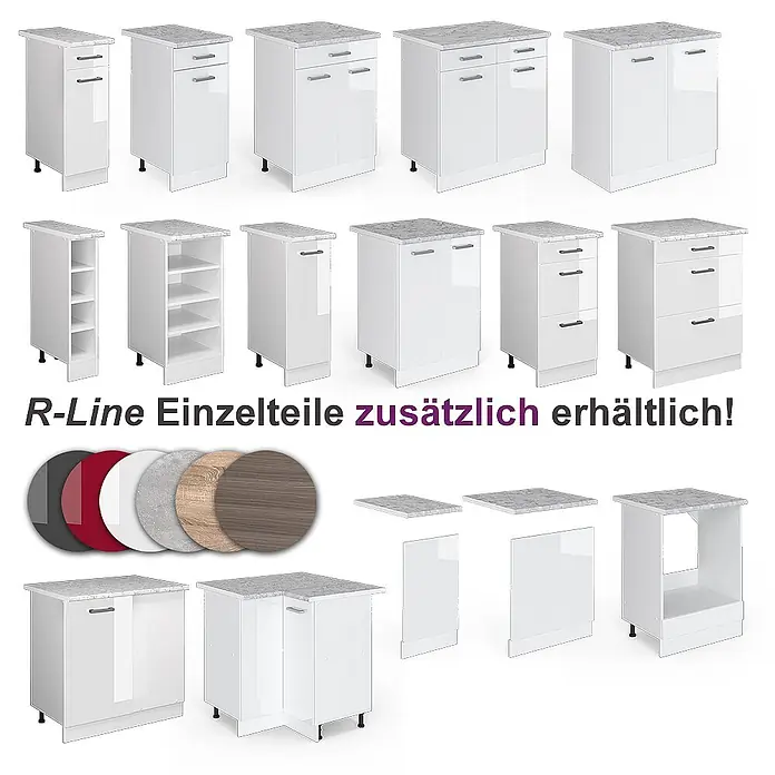 Vicco Eckküche Rick Weiß Hochglanz/Weiß, AP Marmor - B x T: 270 x 60 cm, Weiß Hochglanz, Ohne Elektrogeräte - Weiße modulare R-Line Küchenunterschränke mit grauer Marmoroptik-Arbeitsplatte, in verschiedenen Konfigurationen und Frontfarben.