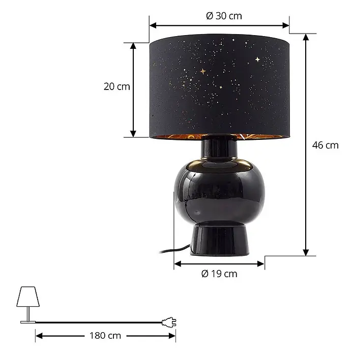 Lindby Tischleuchte Arved - L x B x H: 30 x 30 x 46 cm, schwarz, schwarz, E27 - Schwarze Tischlampe mit glänzendem, runden Fuß und schwarzem Schirm, verziert mit goldenen Sternen, die an einen Nachthimmel erinnern.