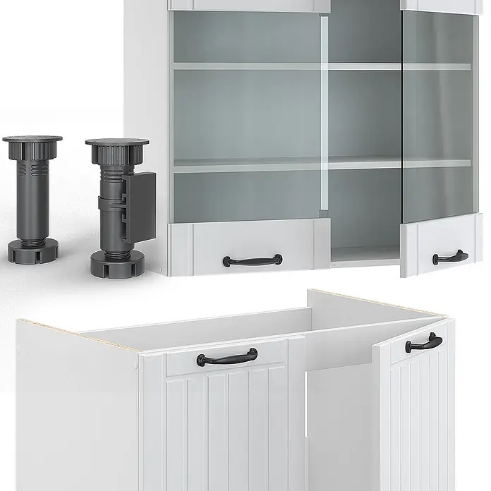 Vicco Küchenzeile Fame-Line Weiß Landhaus/Weiß, AP Marmor - Weiß Landhaus, Ohne Elektrogeräte - Graue verstellbare Möbelfüße und weiße Küchenschränke mit Glas- und Massivtüren sowie schwarzen Griffen.
