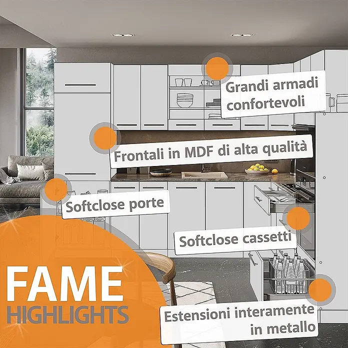 Vicco Küchenzeile Fame-Line Anthrazit Landhaus/Weiß, AP Eiche - Breite: 235 cm, Anthrazit Landhaus, Ohne Elektrogeräte - Modernes hellgraues Küchenschranksystem mit hochwertigen MDF-Fronten, Soft-Close-Türen/-Schubladen und Metallauszügen.