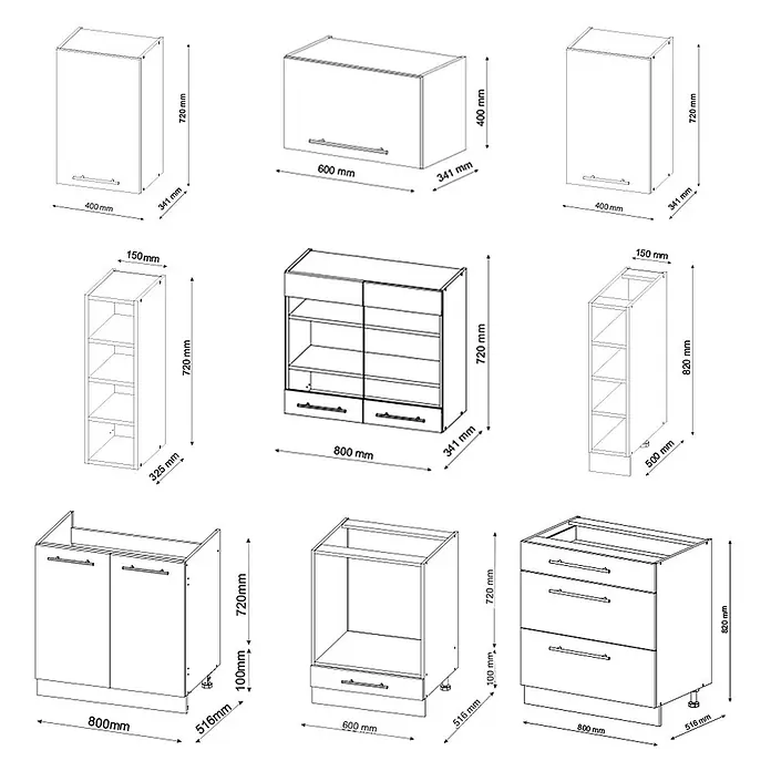 Vicco Küchenzeile Fame-Line Weiß Hochglanz/Weiß, AP Anthrazit - Weiß Hochglanz, Ohne Elektrogeräte - Diagramme verschiedener Küchenschrankmodule mit Maßen für Unter- und Oberschränke, Schubladen, Regale und Türen.