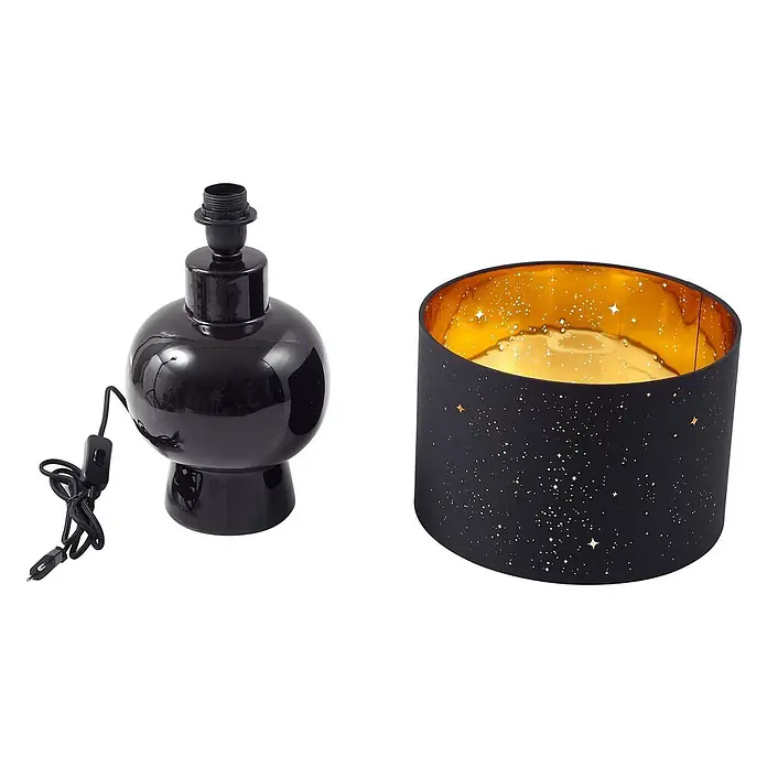 Lindby Tischleuchte Arved - L x B x H: 30 x 30 x 46 cm, schwarz, schwarz, E27 - Schwarzer glänzender Lampenfuß und schwarzer Lampenschirm mit goldenem Sternenmuster und goldenem Inneren.
