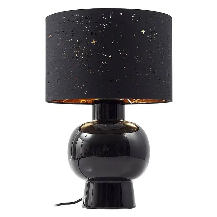 Lindby Tischleuchte Arved - L x B x H: 30 x 30 x 46 cm, schwarz, schwarz, E27 - Schwarze Tischlampe mit glänzendem Fuß, schwarzem Schirm mit goldenen Sternen und goldener Innenseite.