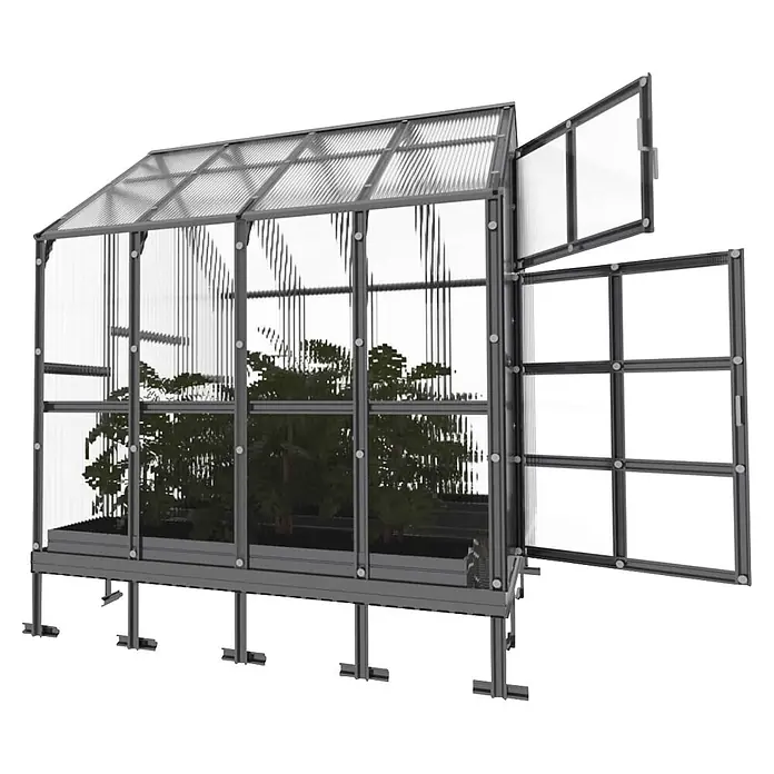 Klasika Greenhouses Gewächshaus House Klasika - Außenmaß inkl. Dachüberstand (B x T): 235 x 212 cm, Material Seitenwand: Kunststoff, 6 mm, Silbergrau - Erhöhtes graues Metallgewächshaus mit transparenten Platten, offener Tür und Dachfenster, Pflanzen innen sichtbar.
