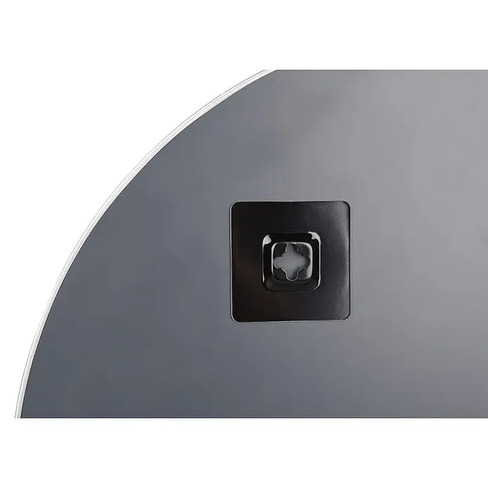 Rahmenspiegel Esra - Durchmesser: 50 cm, Weiß, Metall - Schwarze selbstklebende Spiegelaufhängung mit vierlappiger Schlüssellochöffnung auf grauer Spiegelrückseite.