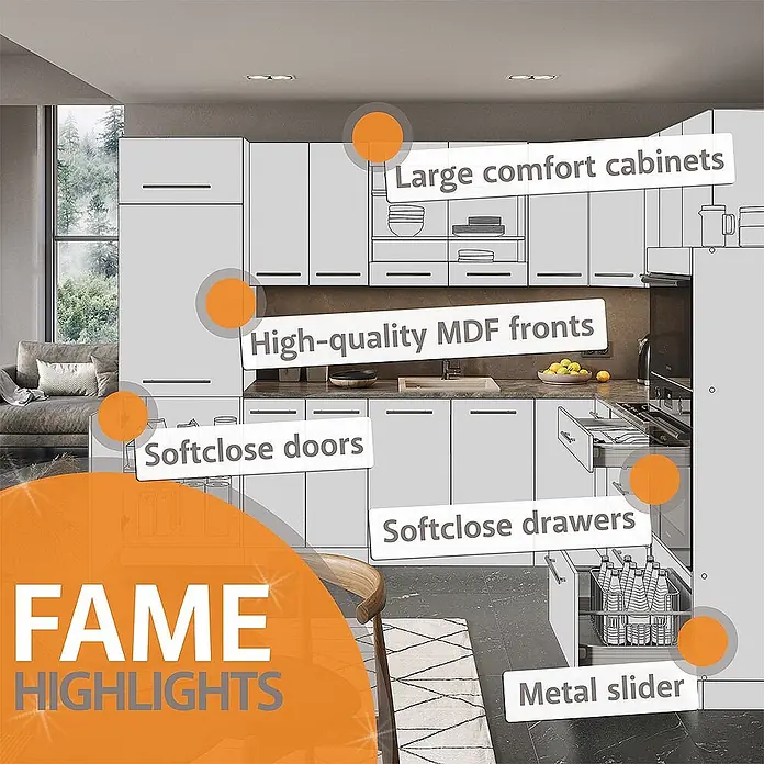 Vicco Küchenzeile Fame-Line Anthrazit Landhaus/Weiß, AP Eiche - Breite: 235 cm, Anthrazit Landhaus, Ohne Elektrogeräte - FAME moderne hellgraue Küchenschränke. Hochwertige MDF-Fronten, Soft-Close-Türen und -Schubladen mit Metallauszügen.