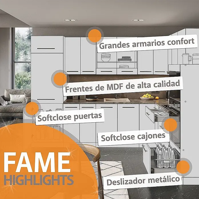 Vicco Küchenzeile Fame-Line Anthrazit Landhaus/Weiß, AP Eiche - Breite: 235 cm, Anthrazit Landhaus, Ohne Elektrogeräte - Moderne graue Küchenschränke mit hochwertigen MDF-Fronten, ausgestattet mit Soft-Close-Türen, Soft-Close-Schubladen und robusten Metallauszügen.