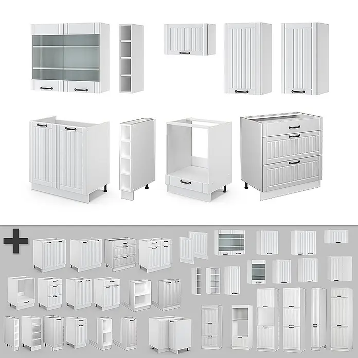 Vicco Küchenzeile Fame-Line Weiß Landhaus/Weiß, AP Anthrazit - Breite: 235 cm, Weiß Landhaus, Ohne Elektrogeräte - Set verschiedener weißer Küchenschränke und -module mit schwarzen Griffen für vielseitige Aufbewahrungslösungen.