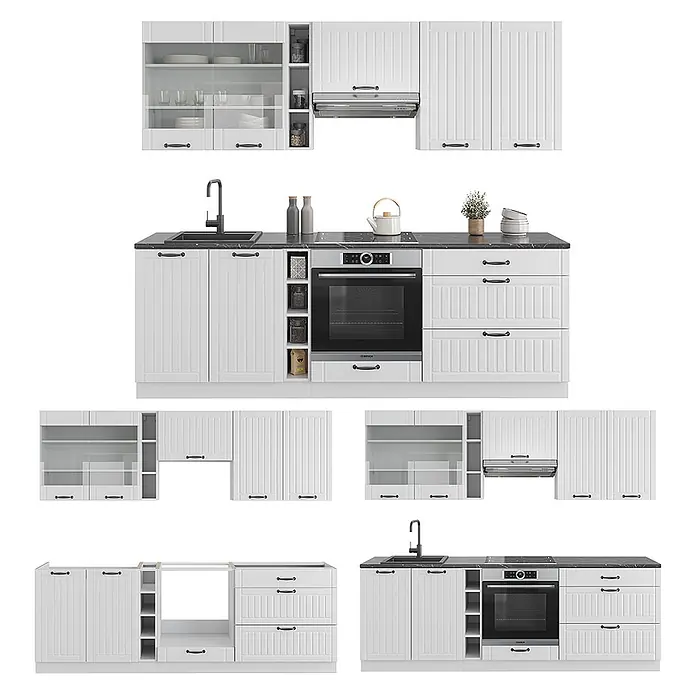 Vicco Küchenzeile Fame-Line Weiß Landhaus/Weiß, AP Marmor - Weiß Landhaus, Ohne Elektrogeräte - Weiße modulare Küchenschränke mit schwarzen Griffen, Spüle, Ofen und Kochfeld.
