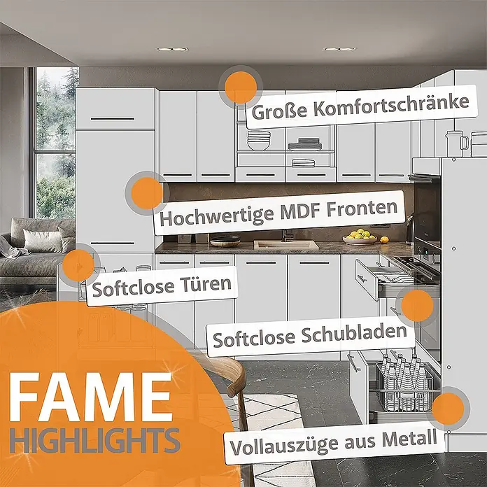 Vicco Eckküche Fame-Line Anthrazit Landhaus/Goldkraft Eiche, AP Marmor - B x T: 347 x 60 cm, Anthrazit Landhaus, Ohne Elektrogeräte - Moderne hellgraue Küchenzeile mit MDF-Fronten, Soft-Close-Türen/-Schubladen und Vollauszügen aus Metall in einem Zuhause.