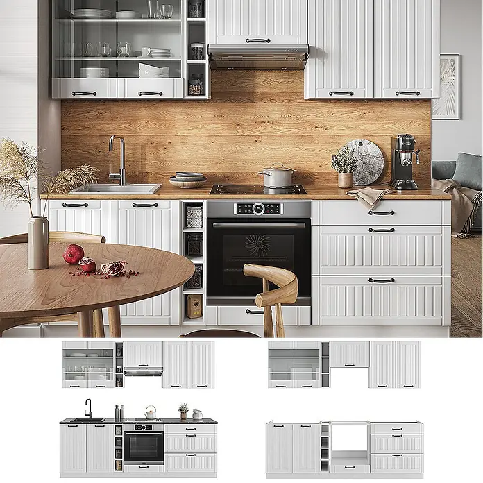 Vicco Küchenzeile Fame-Line Weiß Landhaus/Weiß, AP Marmor - Weiß Landhaus, Ohne Elektrogeräte - Weiße modulare Küchenschränke mit geriffelten Türen und schwarzen Griffen, mit heller Holzplatte, integriertem Ofen, Herd und Spüle in modernem Ambiente.