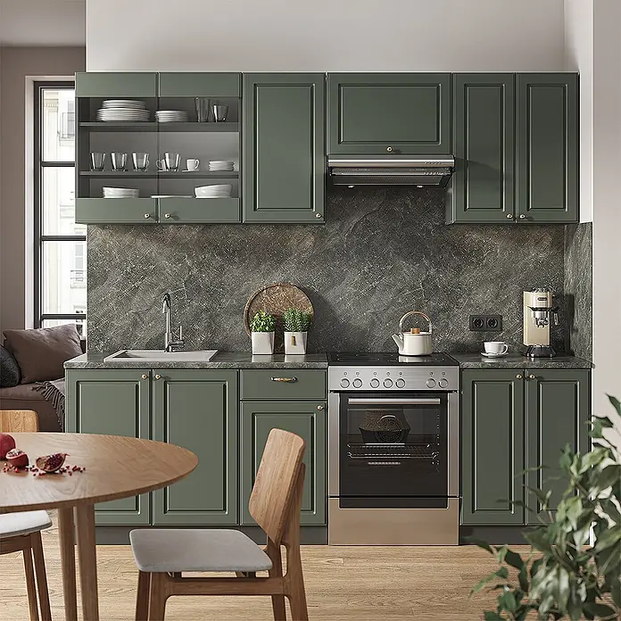 Vicco Küchenzeile Fame-Line Grün-Gold Landhaus/Anthrazit, AP Anthrazit - Grün-Gold Landhaus, Ohne Elektrogeräte - Grüne Küchenschränke mit goldenen Griffen und traditionellem Design in einer modernen Küche.