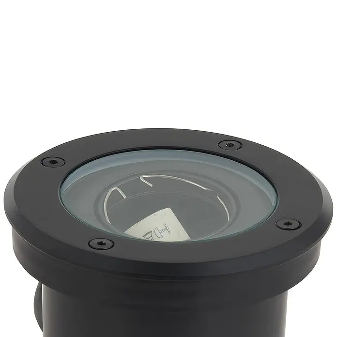 Lindby LED-Gartenstrahler Cliff -  - Schwarze Bodeneinbauleuchte mit klarer Glasabdeckung, innen mit Halteklammern und Etikett.